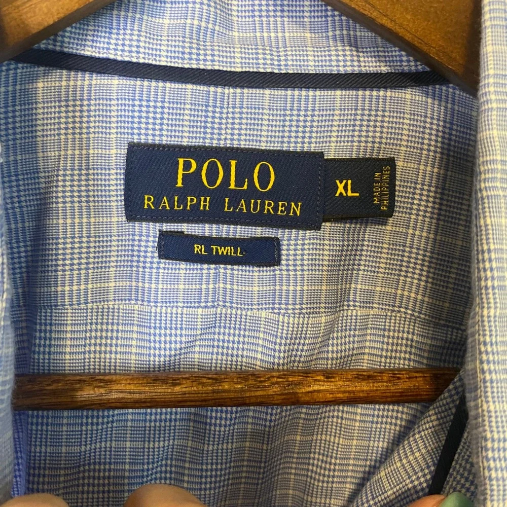 Polo Ralph Lauren XL‎ Tall Twill Blue White Glen Plaid Button Down Dress Shirt